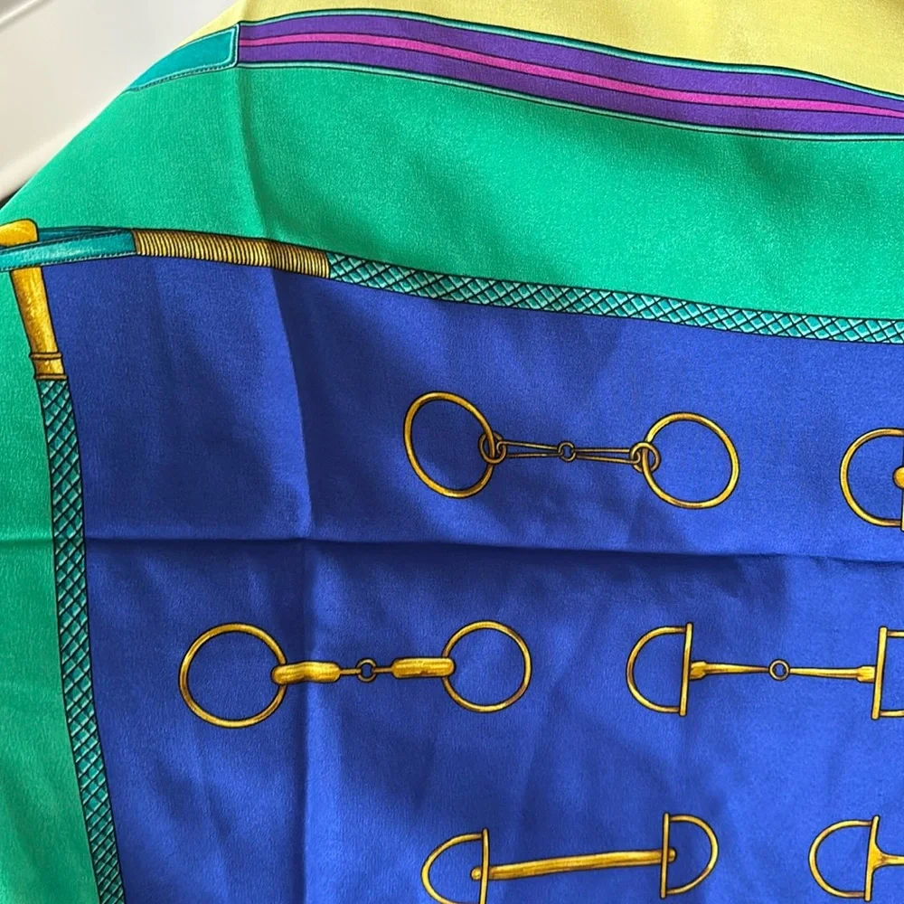Silk link Print Scarf in Royal Blue, Green & Yellow